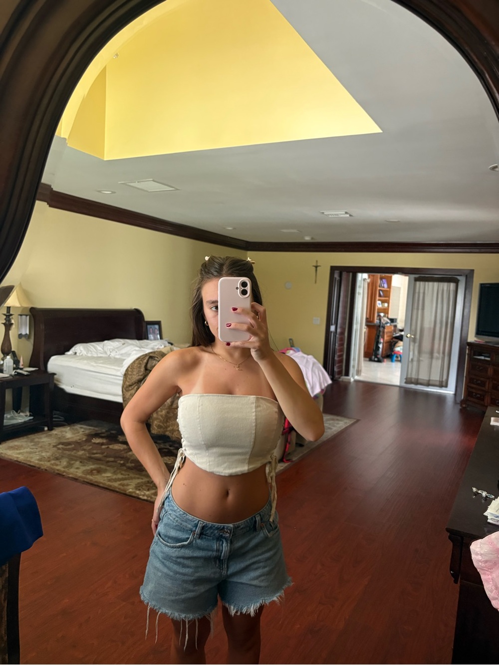 Oh Polly Cream Strapless Lace-Up Crop Top